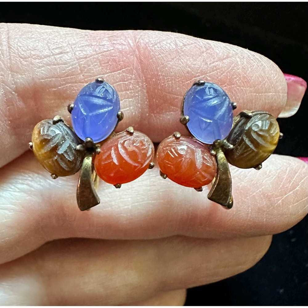 Vintage Scarab Screw Back Earrings Clover Design Sterling & 14k GF